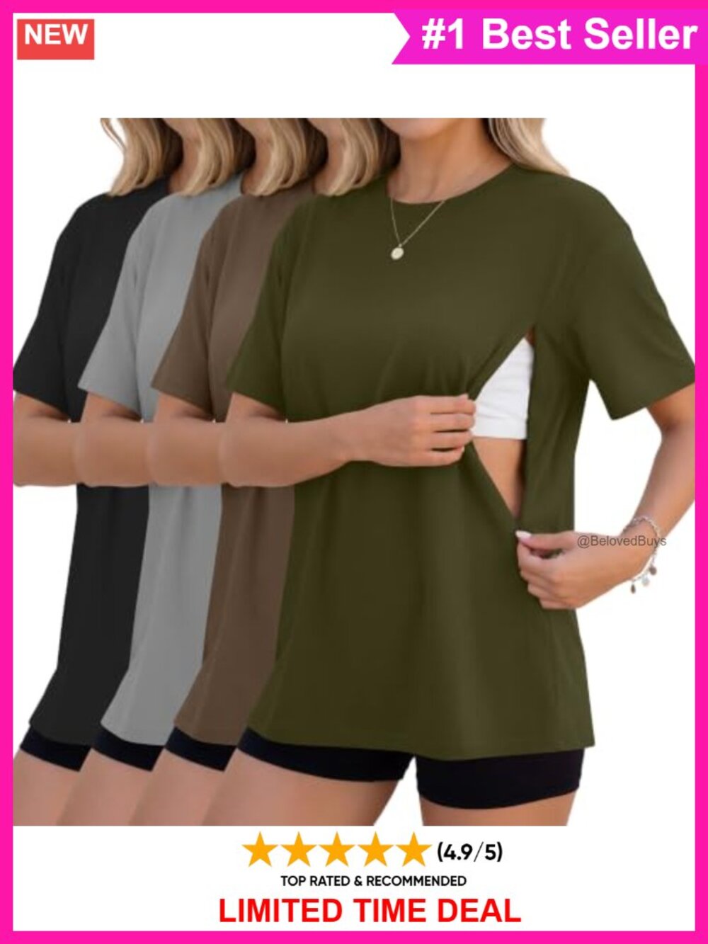 4 Pack Nursing T-Shirts Hidden Zipper Breastfeeding Tees Polyester Cotton
